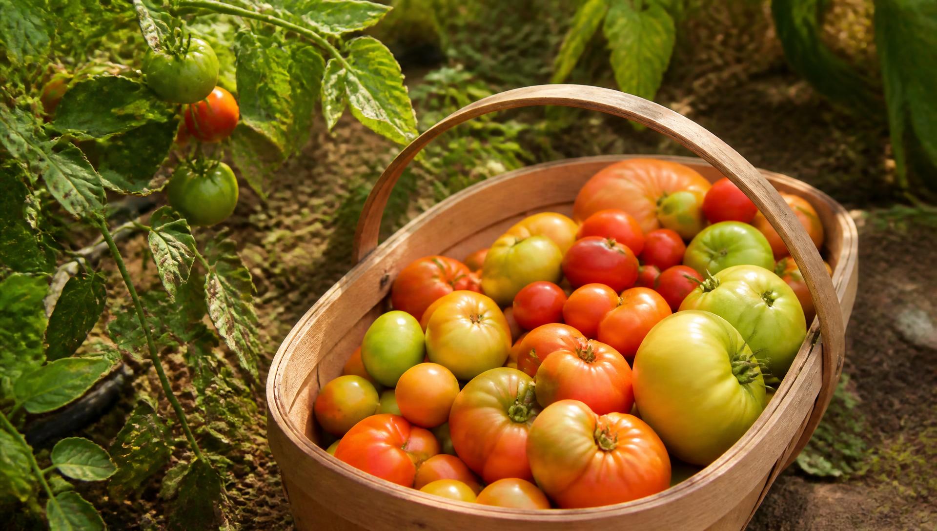 Cesto di pomodori verdi e rossi appena raccolti in un orto domestico a fine agosto