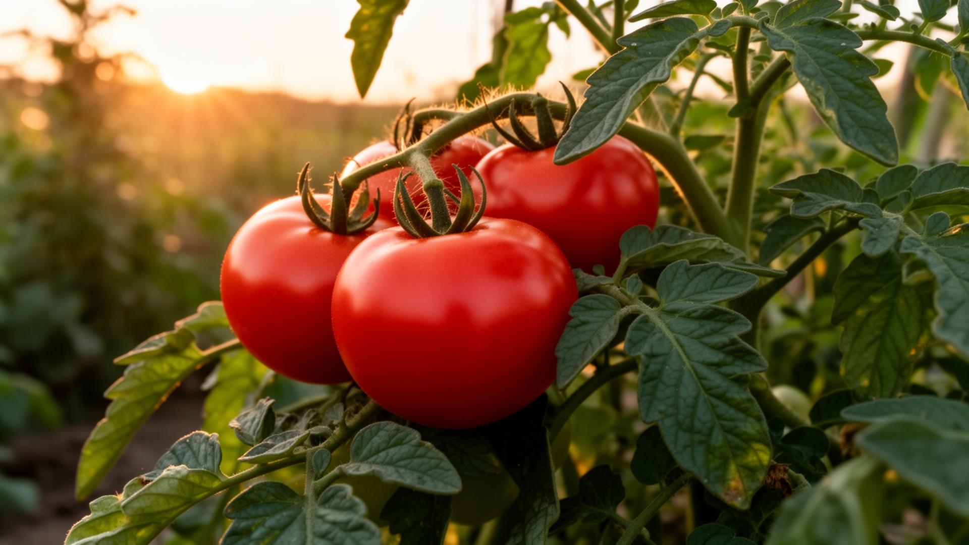 Pomodori rossi maturi su pianta in un orto domestico italiano al sole del tramonto