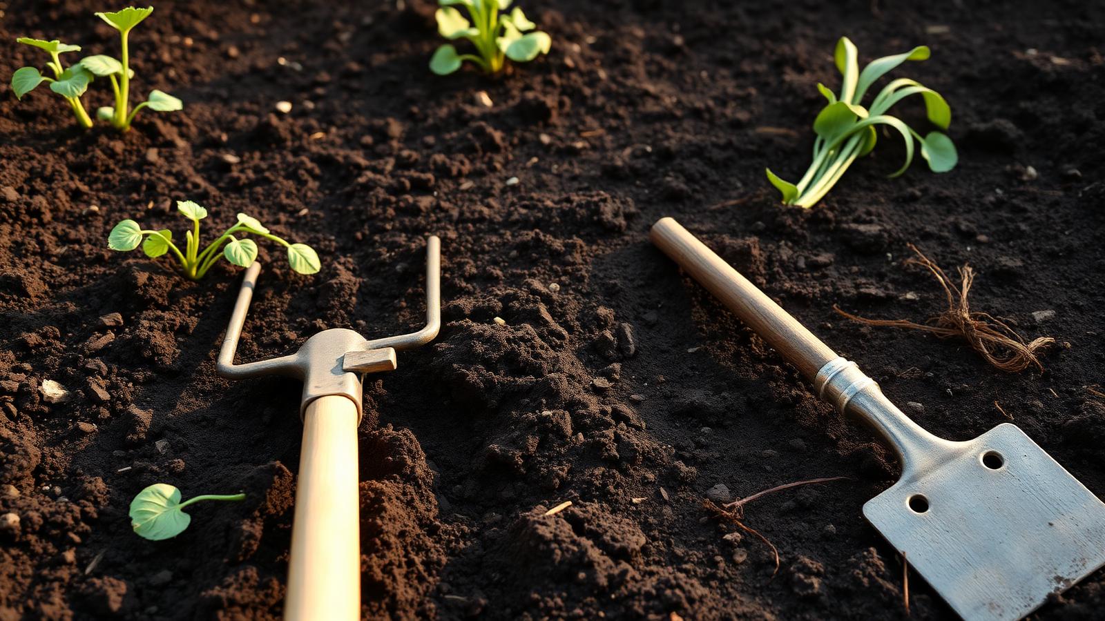 Aiuola dell'orto con terreno lavorato di fresco, forca vanga e rastrello appoggiati, fine agosto