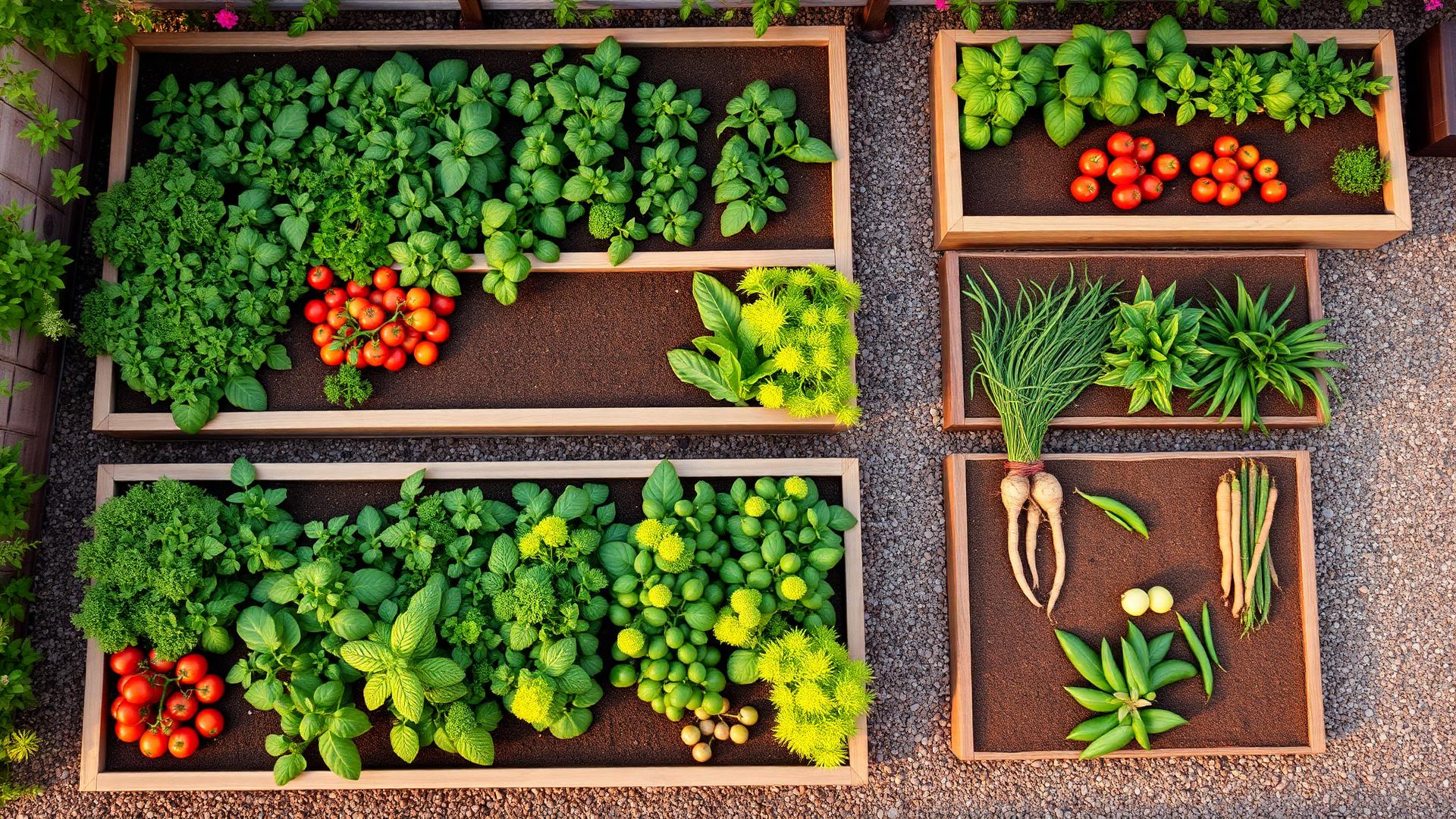 Orto domestico diviso in quattro bancali rialzati con gruppi colturali diversi: pomodori, insalate, legumi e ortaggi da radice