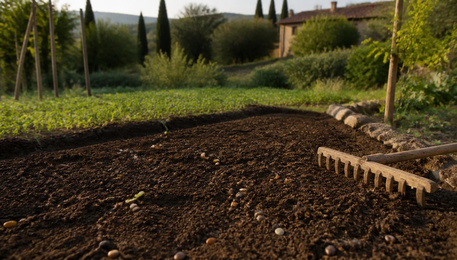 Aiuola dell'orto appena liberata dalle colture estive con seme di favino e veccia sparso sul terreno lavorato, luce di settembre