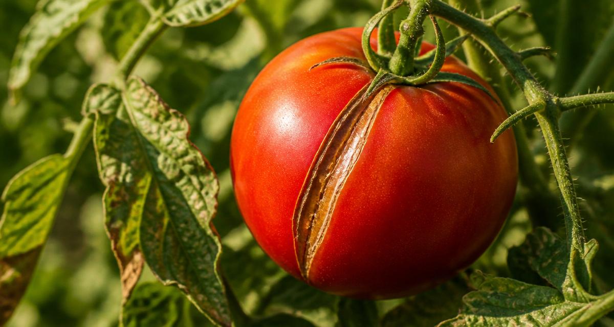 Pomodoro maturo sulla pianta con spaccature radiali profonde attorno al peduncolo, tipiche del cracking dopo siccità e temporale estivo