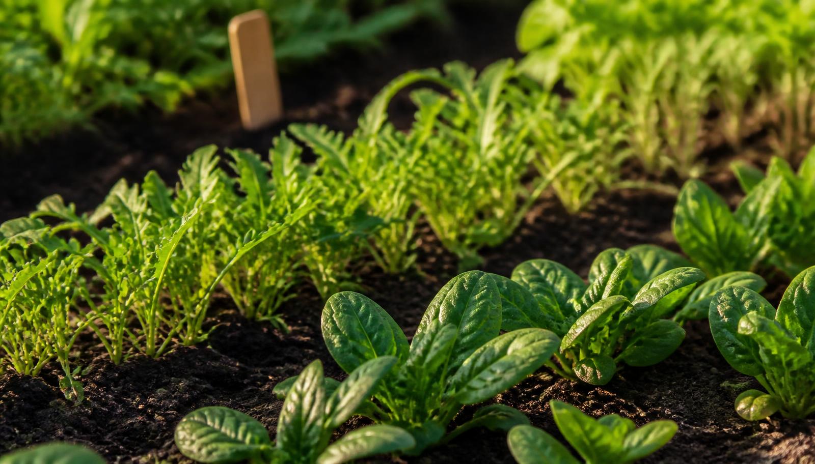 Filari di spinaci e rucola appena nati in un'aiuola dell'orto a fine agosto, terreno scuro e umido