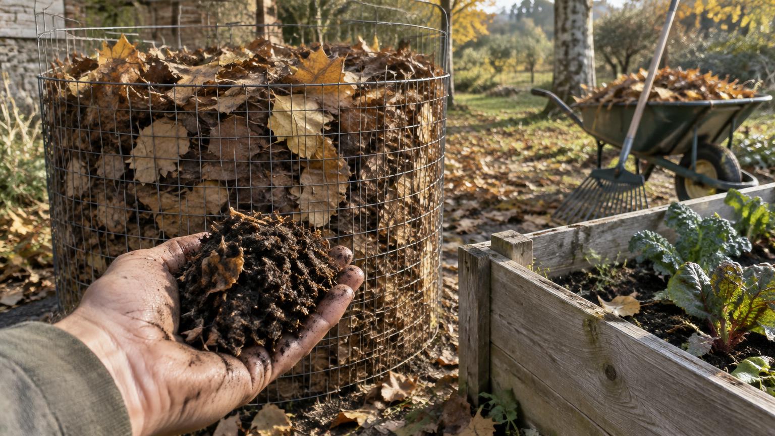 Gabbia di rete metallica piena di foglie autunnali accanto a un'aiuola rialzata, con una mano che regge una manciata di terriccio di foglie scuro e sbriciolato