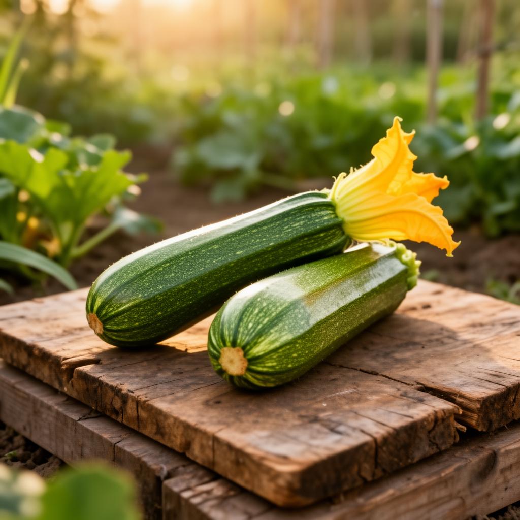 Zucchine verdi appena raccolte con il loro fiore giallo, in un orto domestico italiano a giugno